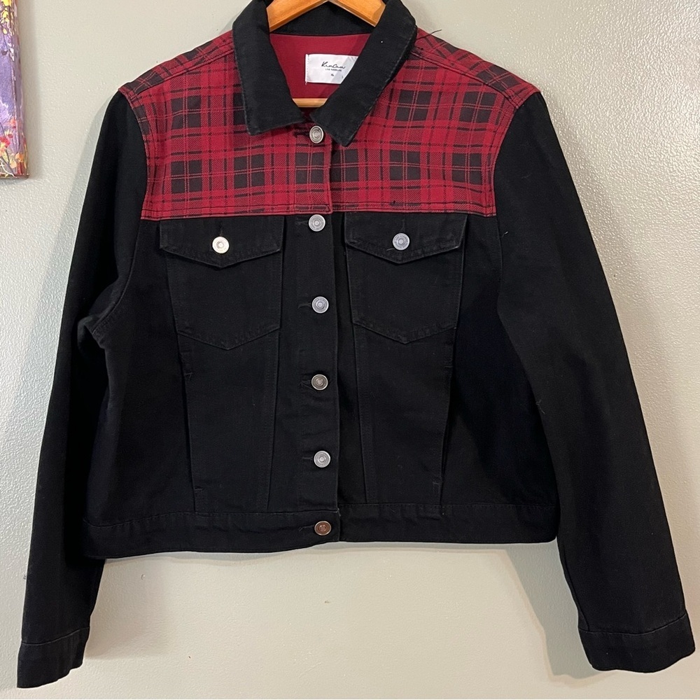 Kan Can Women's Black and Red Plaid Crop Jean Jacket XL